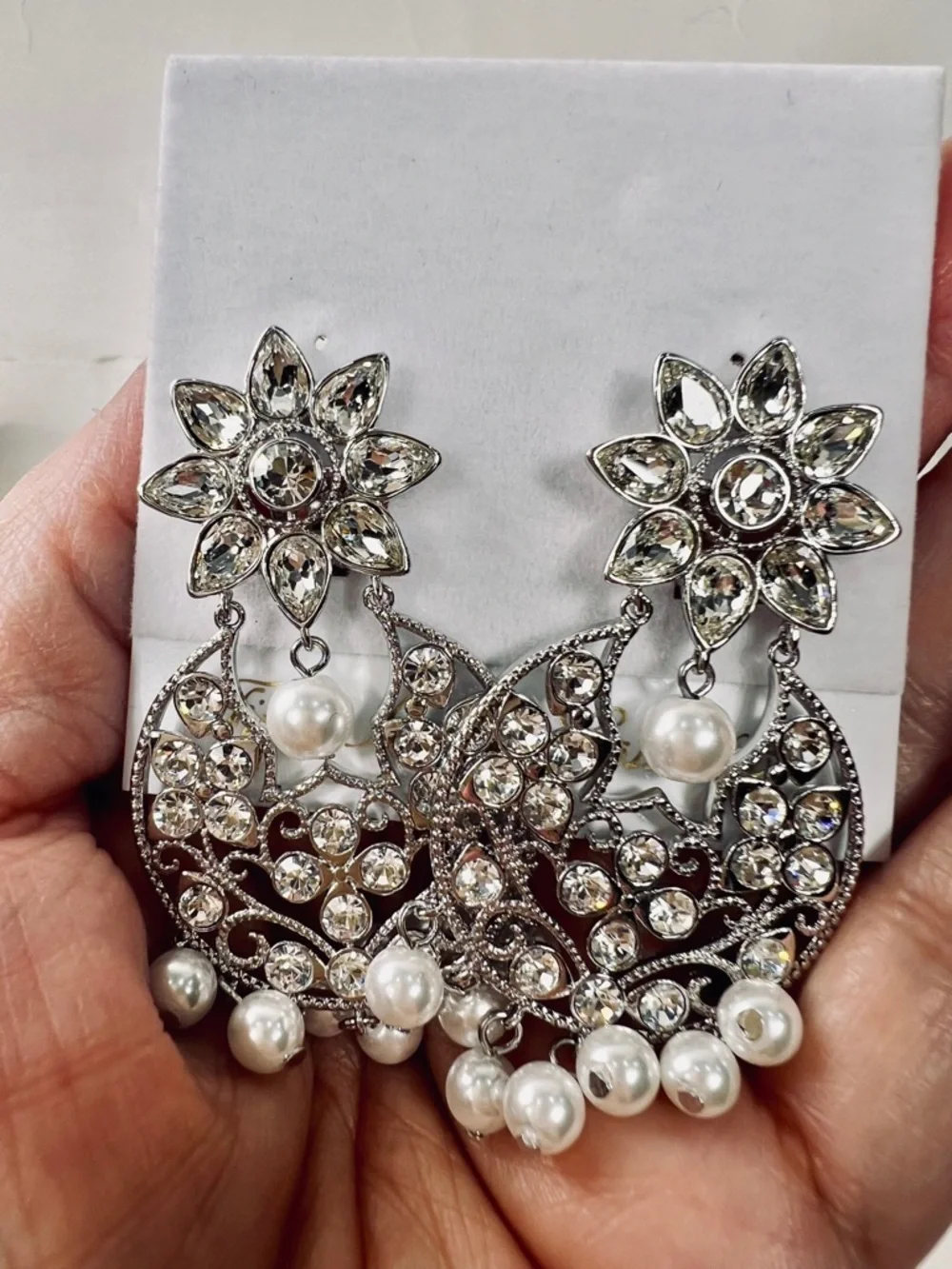 Fifth Avenue Collection Swarovski Silver Pearl Drop Chandelier Earrings - Picture 5 of 6